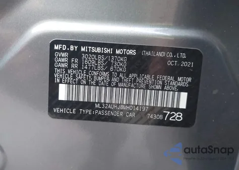 2021 Mitsubishi Mirage Carbonite Edition/Es/Le z USA, uszkodzony, nr VIN ML32AUHJ8MH014197